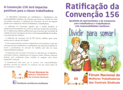 Cartilha de campanha para ratificação da Convenção 156 do Fórum Nacional de Mulheres Trabalhadoras das Centrais Sindicais / crédito: Mgiora