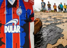 Bahia joga com camiseta manchada de óleo e povo se mobiliza para limpar praias
